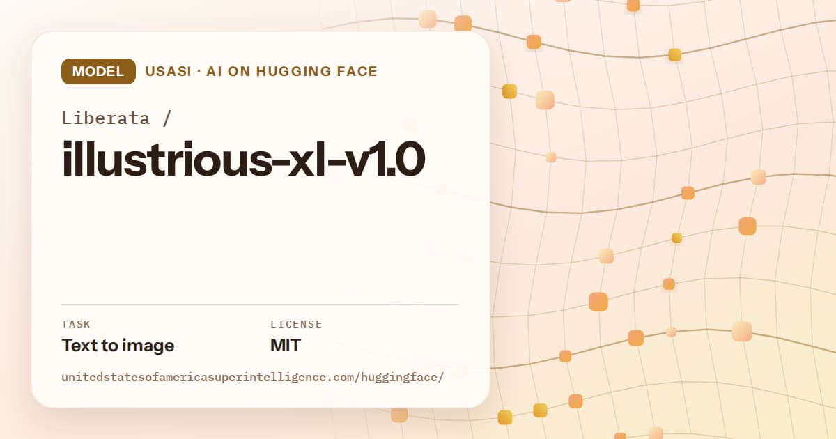 Generated amber wave-lattice artwork for the model Liberata/illustrious-xl-v1.0, labeled USASI · AI on Hugging Face, with Task: Text to image · License: MIT.