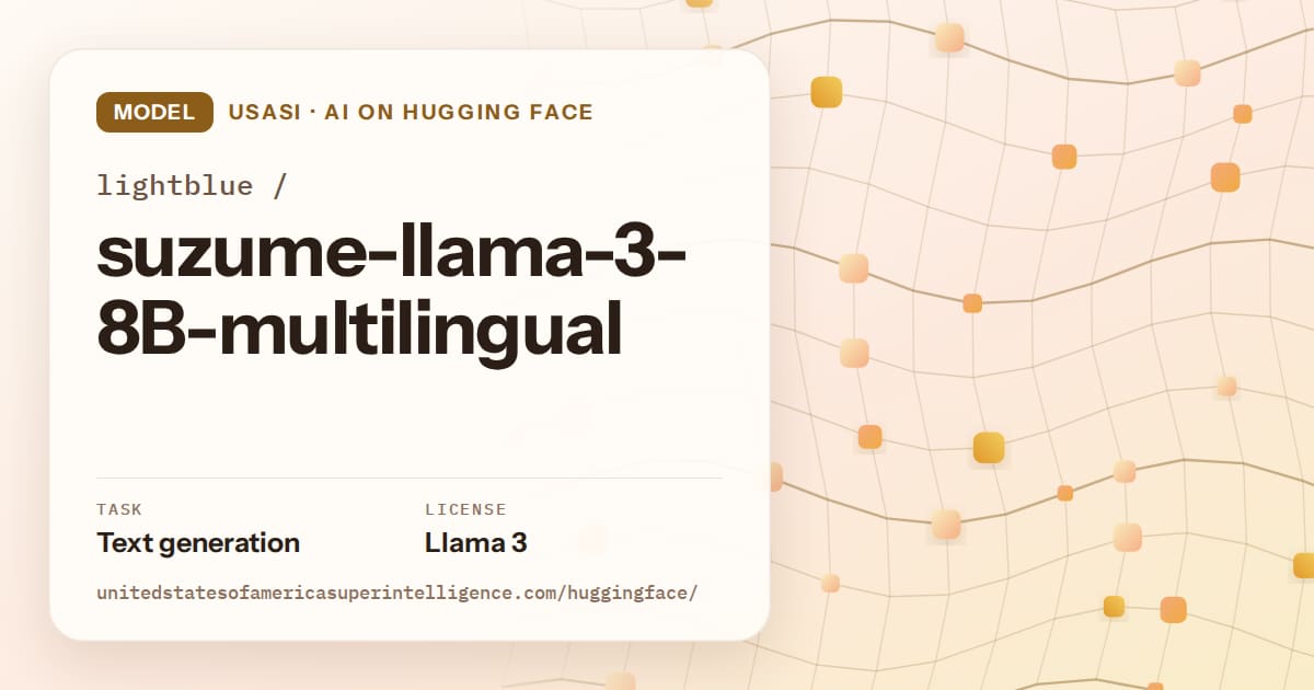Generated amber wave-lattice artwork for the model lightblue/suzume-llama-3-8B-multilingual, labeled USASI · AI on Hugging Face, with Task: Text generation · License: Llama 3.