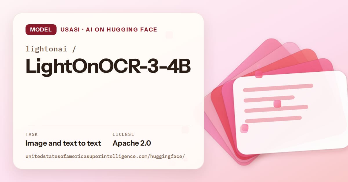 Generated coral layered-card artwork for the model lightonai/LightOnOCR-3-4B, labeled USASI · AI on Hugging Face, with Task: Image and text to text · License: Apache 2.0.