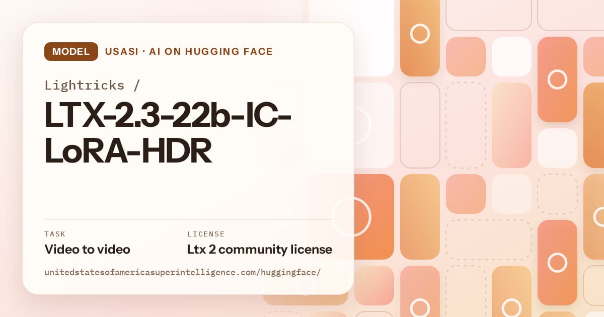 Generated orange tile-mosaic artwork for the model Lightricks/LTX-2.3-22b-IC-LoRA-HDR, labeled USASI · AI on Hugging Face, with Task: Video to video · License: Ltx 2 community license.