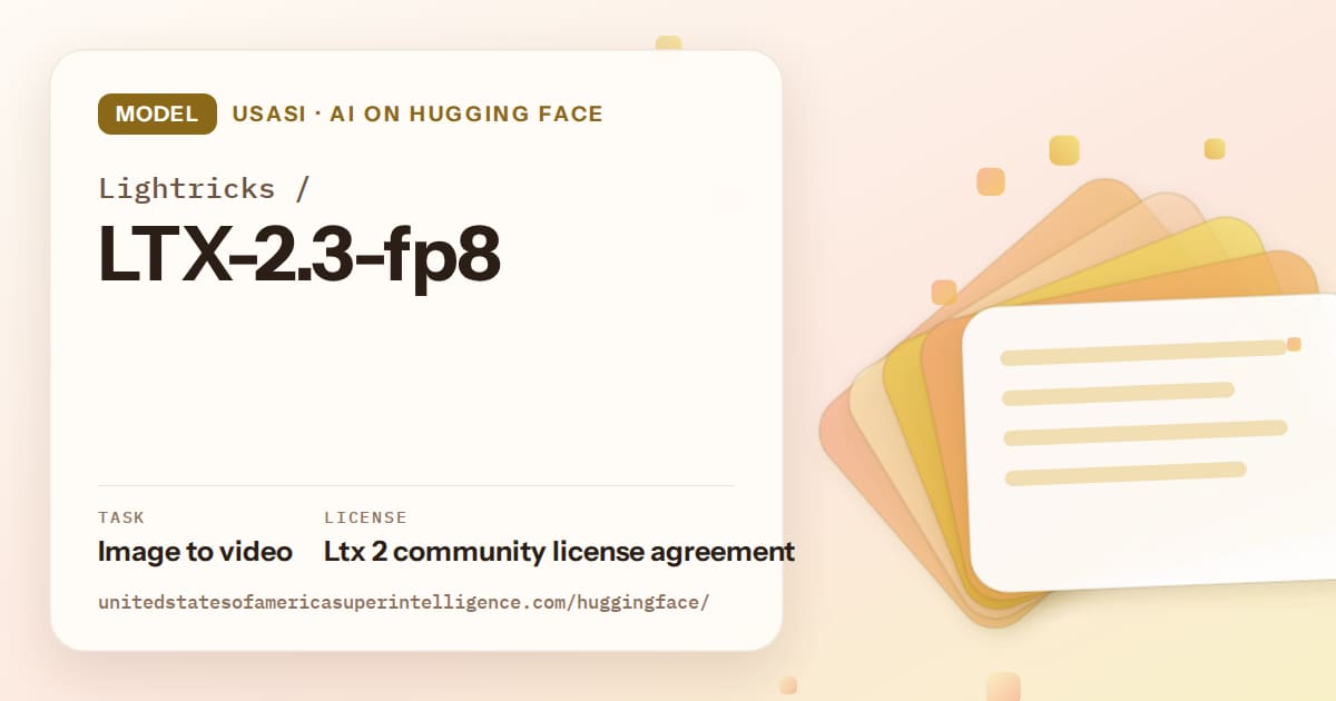 Generated amber layered-card artwork for the model Lightricks/LTX-2.3-fp8, labeled USASI · AI on Hugging Face, with Task: Image to video · License: Ltx 2 community license agreement.