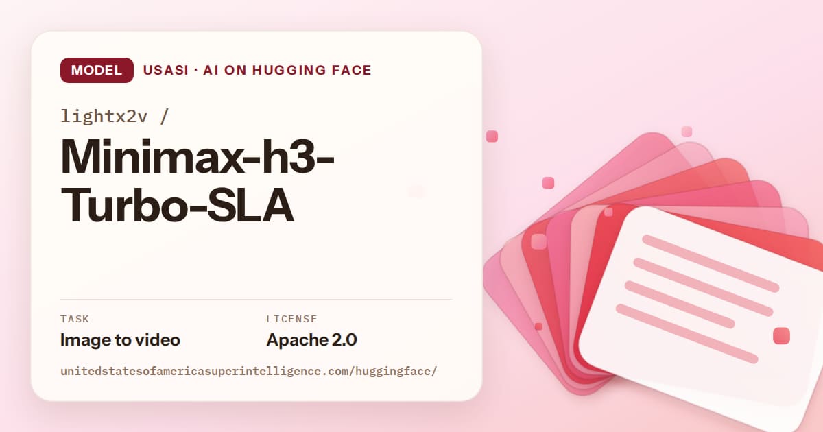 Generated coral layered-card artwork for the model lightx2v/Minimax-h3-Turbo-SLA, labeled USASI · AI on Hugging Face, with Task: Image to video · License: Apache 2.0.