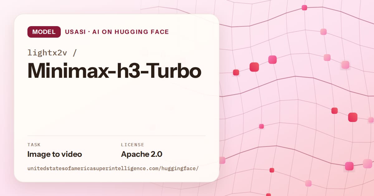 Generated rose wave-lattice artwork for the model lightx2v/Minimax-h3-Turbo, labeled USASI · AI on Hugging Face, with Task: Image to video · License: Apache 2.0.