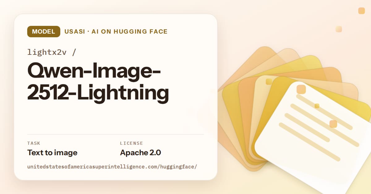 Generated amber layered-card artwork for the model lightx2v/Qwen-Image-2512-Lightning, labeled USASI · AI on Hugging Face, with Task: Text to image · License: Apache 2.0.