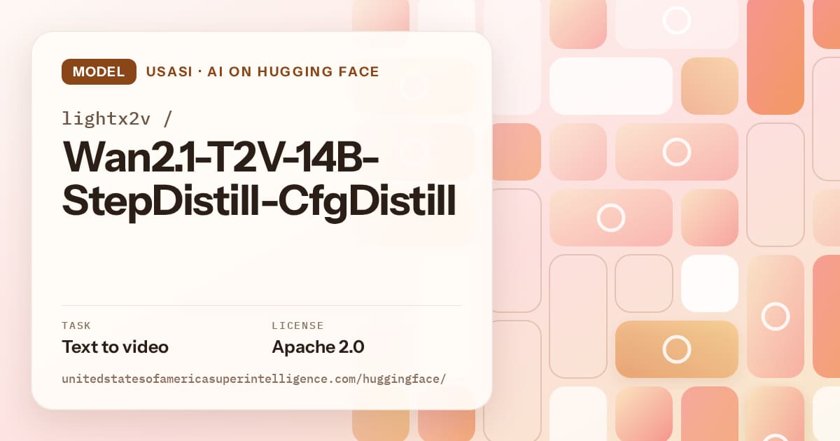 Generated orange tile-mosaic artwork for the model lightx2v/Wan2.1-T2V-14B-StepDistill-CfgDistill, labeled USASI · AI on Hugging Face, with Task: Text to video · License: Apache 2.0.