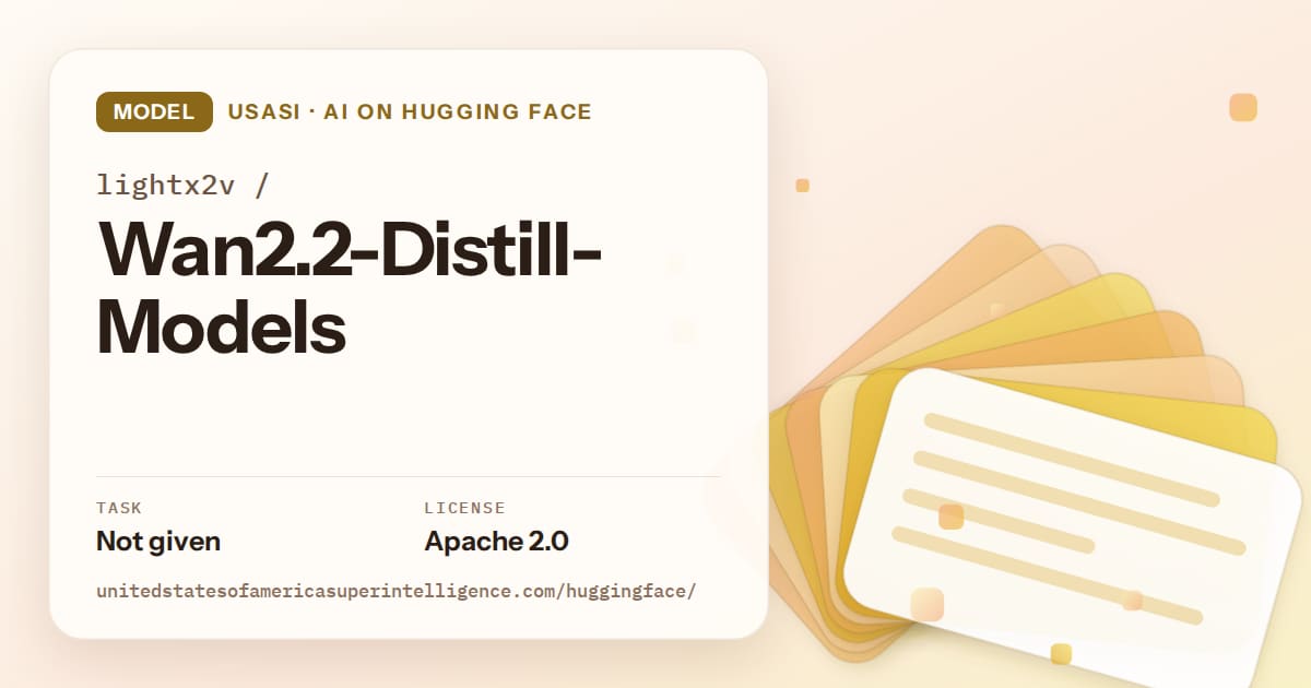 Generated amber layered-card artwork for the model lightx2v/Wan2.2-Distill-Models, labeled USASI · AI on Hugging Face, with Task: Not given · License: Apache 2.0.
