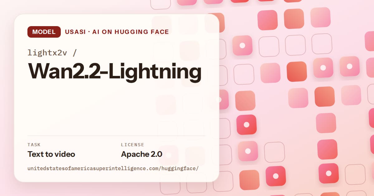 Generated coral rounded-tile grid artwork for the model lightx2v/Wan2.2-Lightning, labeled USASI · AI on Hugging Face, with Task: Text to video · License: Apache 2.0.