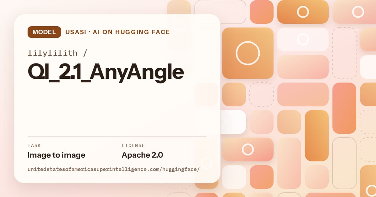 Generated orange tile-mosaic artwork for the model lilylilith/QI_2.1_AnyAngle, labeled USASI · AI on Hugging Face, with Task: Image to image · License: Apache 2.0.