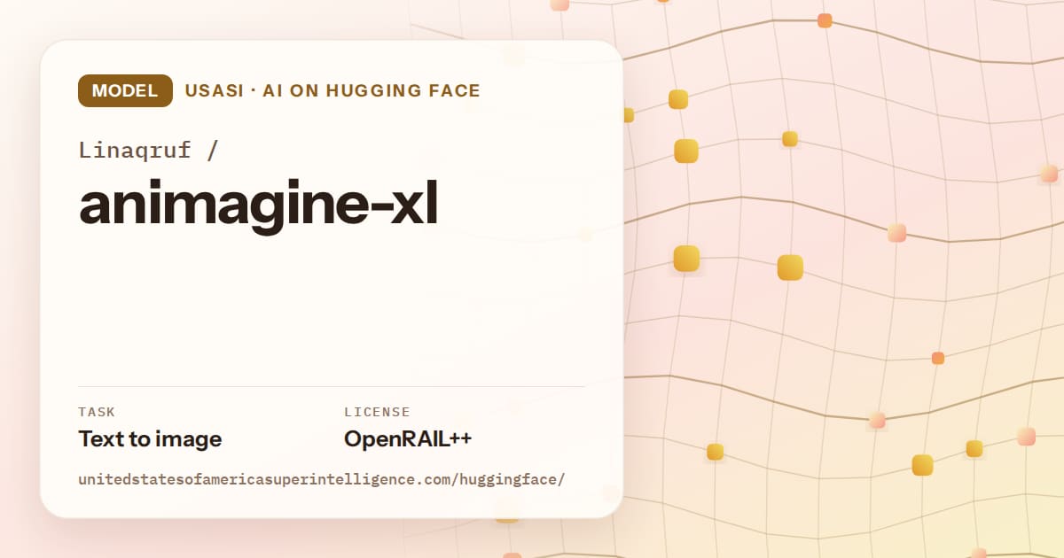 Generated amber wave-lattice artwork for the model Linaqruf/animagine-xl, labeled USASI · AI on Hugging Face, with Task: Text to image · License: OpenRAIL++.