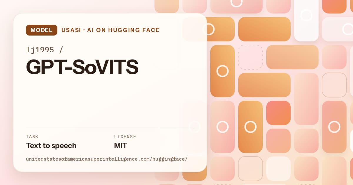 Generated orange tile-mosaic artwork for the model lj1995/GPT-SoVITS, labeled USASI · AI on Hugging Face, with Task: Text to speech · License: MIT.