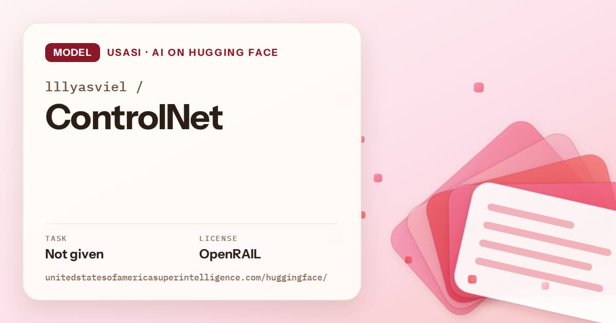 Generated coral layered-card artwork for the model lllyasviel/ControlNet, labeled USASI · AI on Hugging Face, with Task: Not given · License: OpenRAIL.
