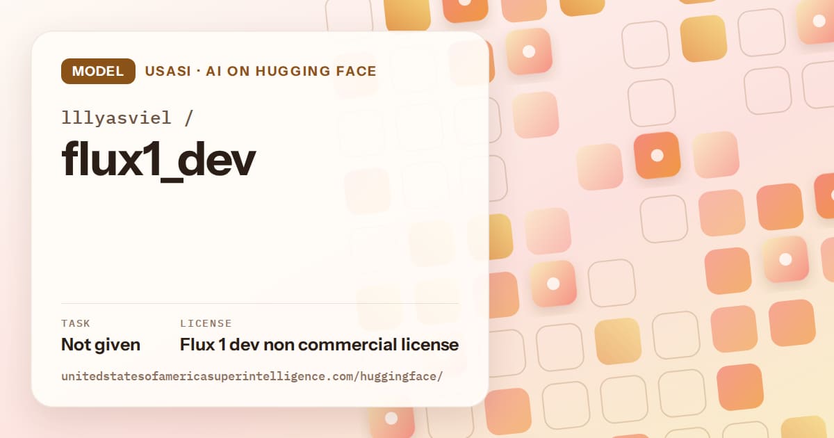 Generated orange rounded-tile grid artwork for the model lllyasviel/flux1_dev, labeled USASI · AI on Hugging Face, with Task: Not given · License: Flux 1 dev non commercial license.