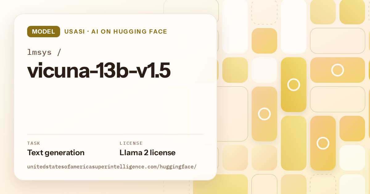 Generated gold tile-mosaic artwork for the model lmsys/vicuna-13b-v1.5, labeled USASI · AI on Hugging Face, with Task: Text generation · License: Llama 2 license.
