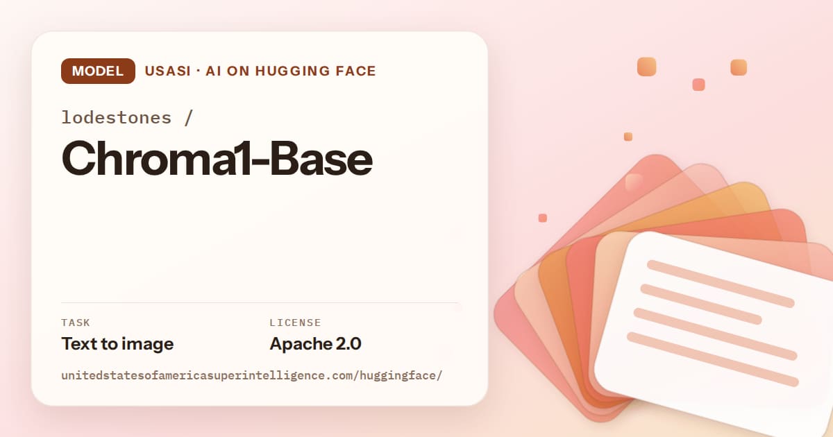 Generated tangerine layered-card artwork for the model lodestones/Chroma1-Base, labeled USASI · AI on Hugging Face, with Task: Text to image · License: Apache 2.0.