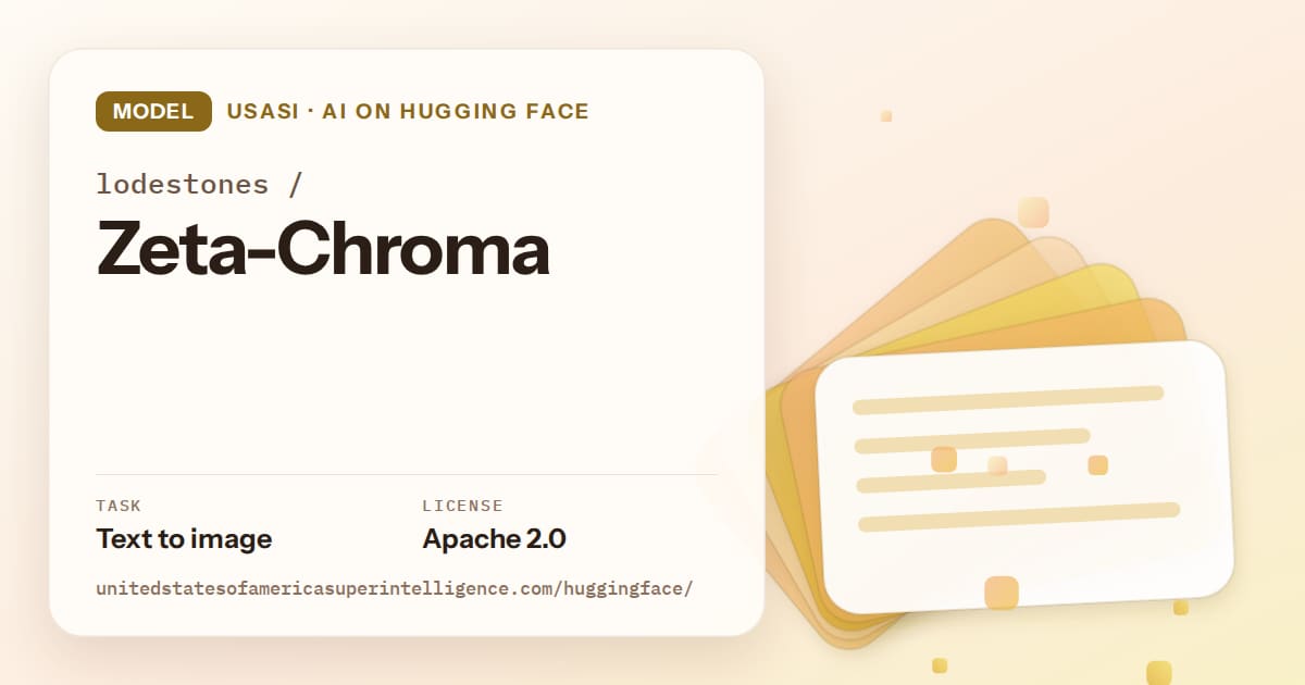 Generated amber layered-card artwork for the model lodestones/Zeta-Chroma, labeled USASI · AI on Hugging Face, with Task: Text to image · License: Apache 2.0.