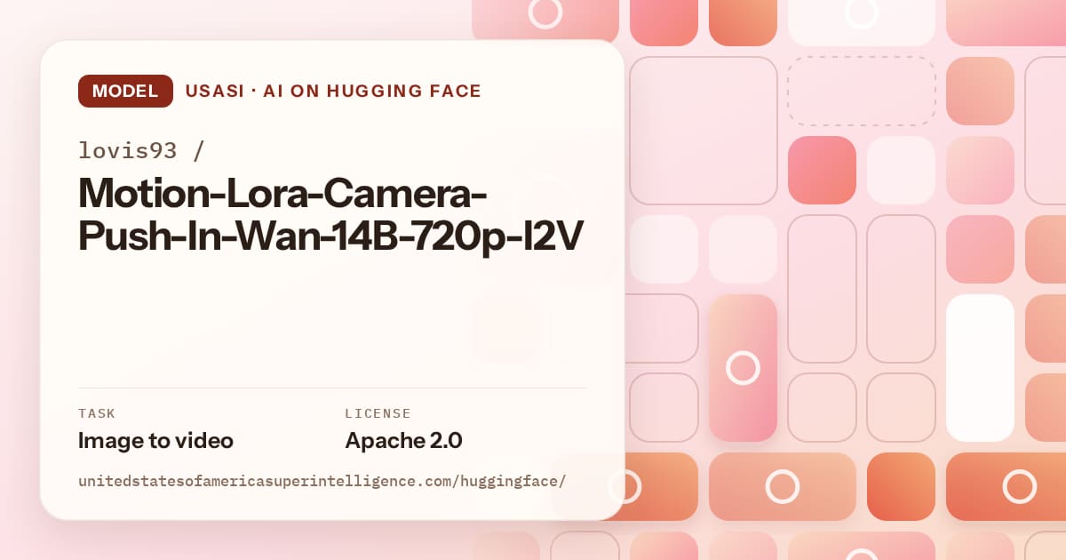 Generated coral tile-mosaic artwork for the model lovis93/Motion-Lora-Camera-Push-In-Wan-14B-720p-I2V, labeled USASI · AI on Hugging Face, with Task: Image to video · License: Apache 2.0.