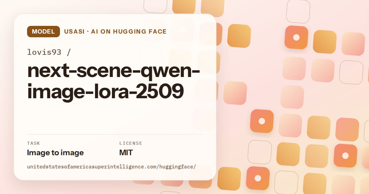 Generated orange rounded-tile grid artwork for the model lovis93/next-scene-qwen-image-lora-2509, labeled USASI · AI on Hugging Face, with Task: Image to image · License: MIT.