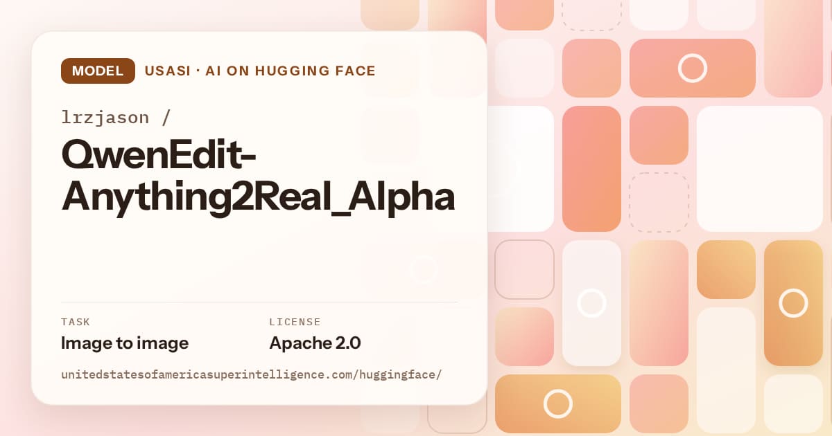 Generated orange tile-mosaic artwork for the model lrzjason/QwenEdit-Anything2Real_Alpha, labeled USASI · AI on Hugging Face, with Task: Image to image · License: Apache 2.0.