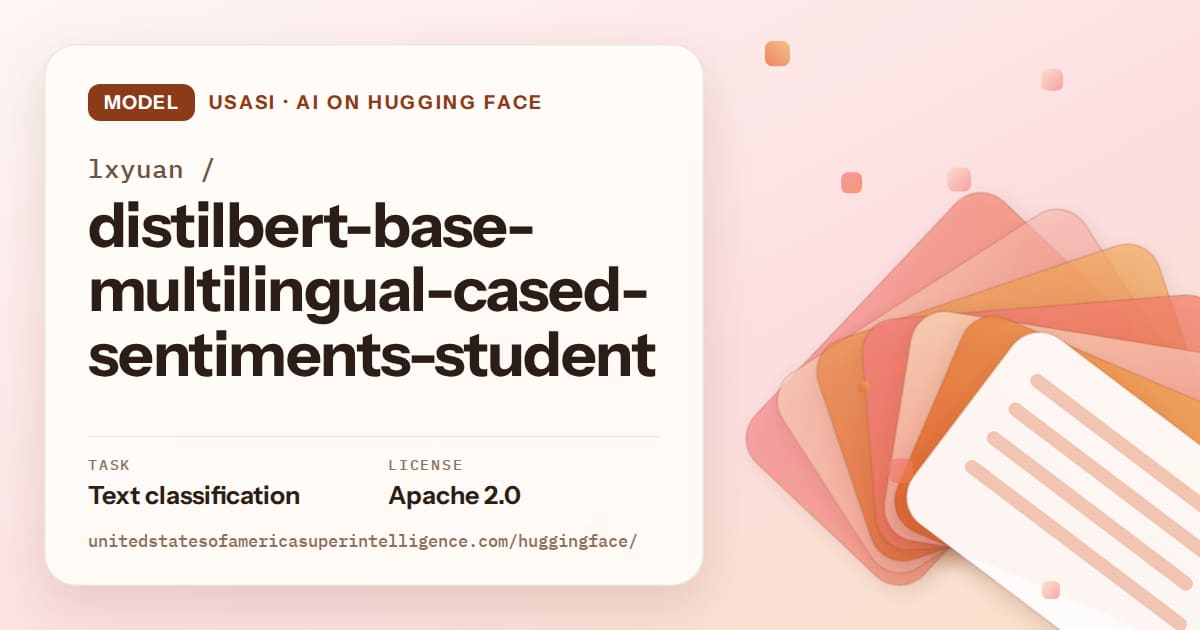 Generated tangerine layered-card artwork for the model lxyuan/distilbert-base-multilingual-cased-sentiments-student, labeled USASI · AI on Hugging Face, with Task: Text classification · License: Apache 2.0.