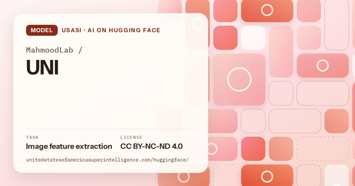 Generated coral tile-mosaic artwork for the model MahmoodLab/UNI, labeled USASI · AI on Hugging Face, with Task: Image feature extraction · License: CC BY-NC-ND 4.0.