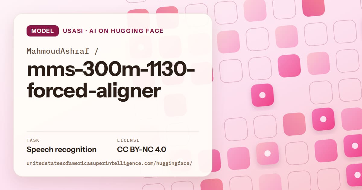 Generated rose rounded-tile grid artwork for the model MahmoudAshraf/mms-300m-1130-forced-aligner, labeled USASI · AI on Hugging Face, with Task: Speech recognition · License: CC BY-NC 4.0.