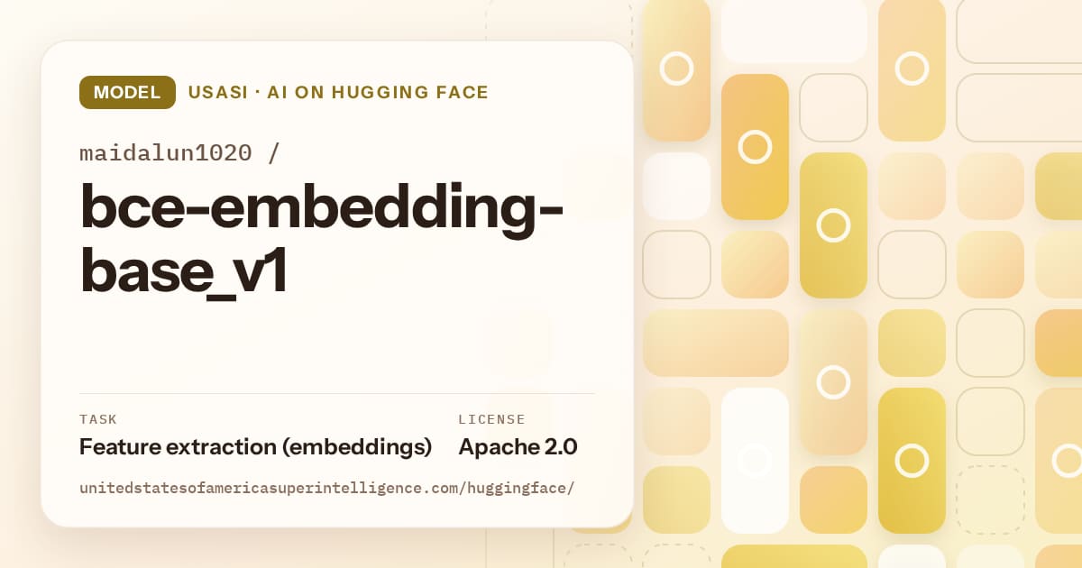 Generated gold tile-mosaic artwork for the model maidalun1020/bce-embedding-base_v1, labeled USASI · AI on Hugging Face, with Task: Feature extraction (embeddings) · License: Apache 2.0.