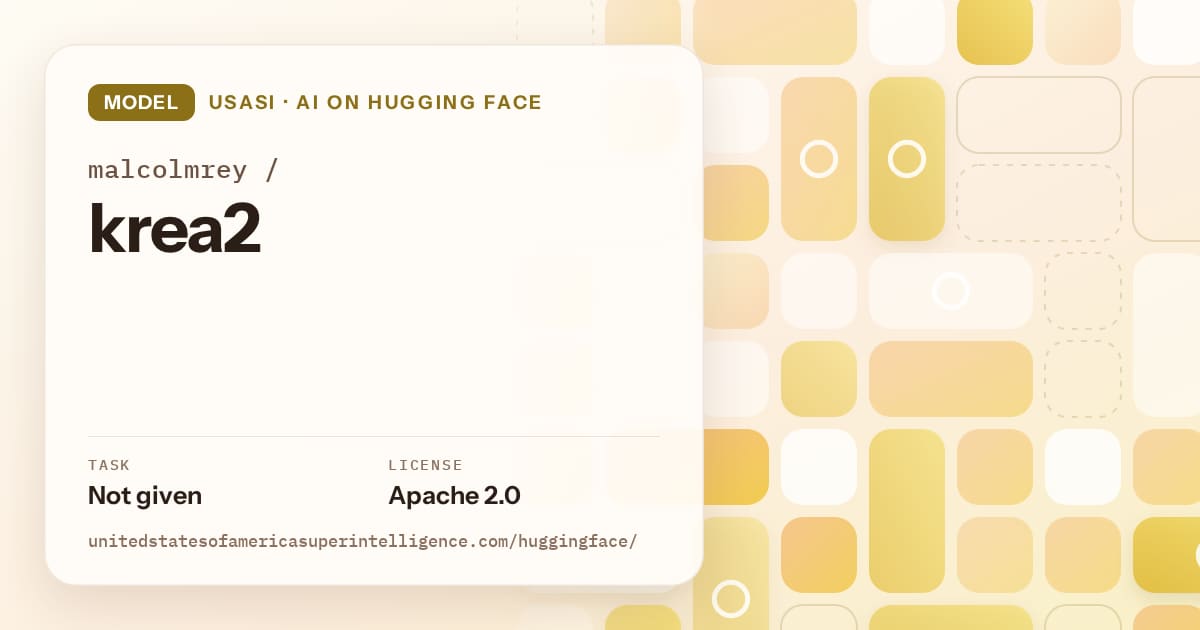 Generated gold tile-mosaic artwork for the model malcolmrey/krea2, labeled USASI · AI on Hugging Face, with Task: Not given · License: Apache 2.0.