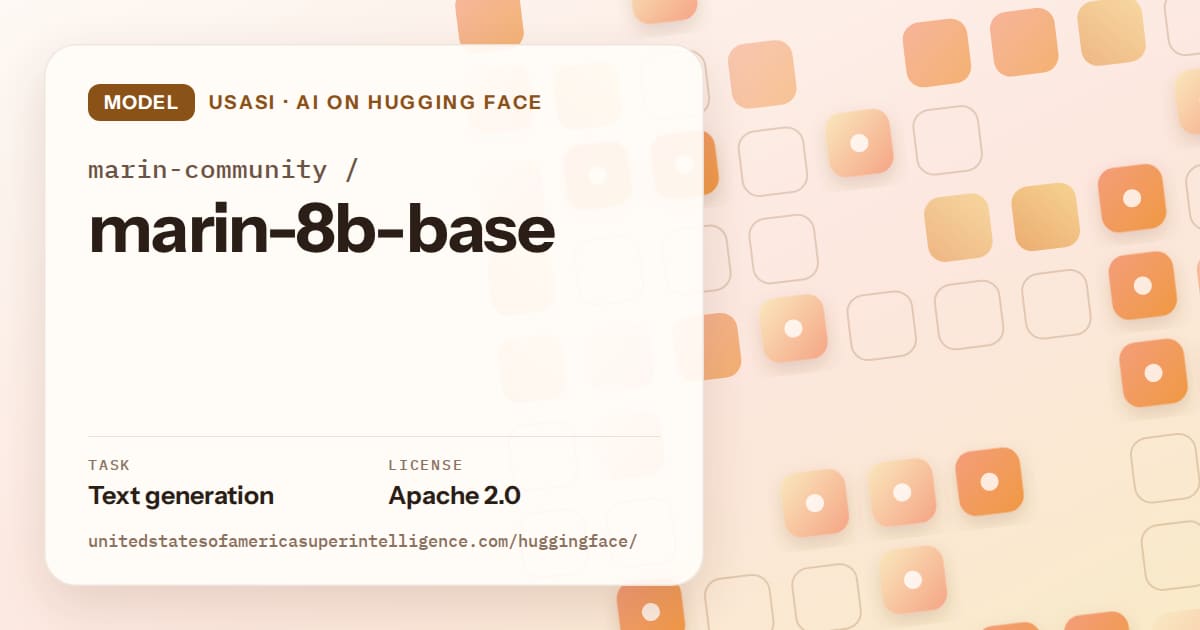 Generated orange rounded-tile grid artwork for the model marin-community/marin-8b-base, labeled USASI · AI on Hugging Face, with Task: Text generation · License: Apache 2.0.