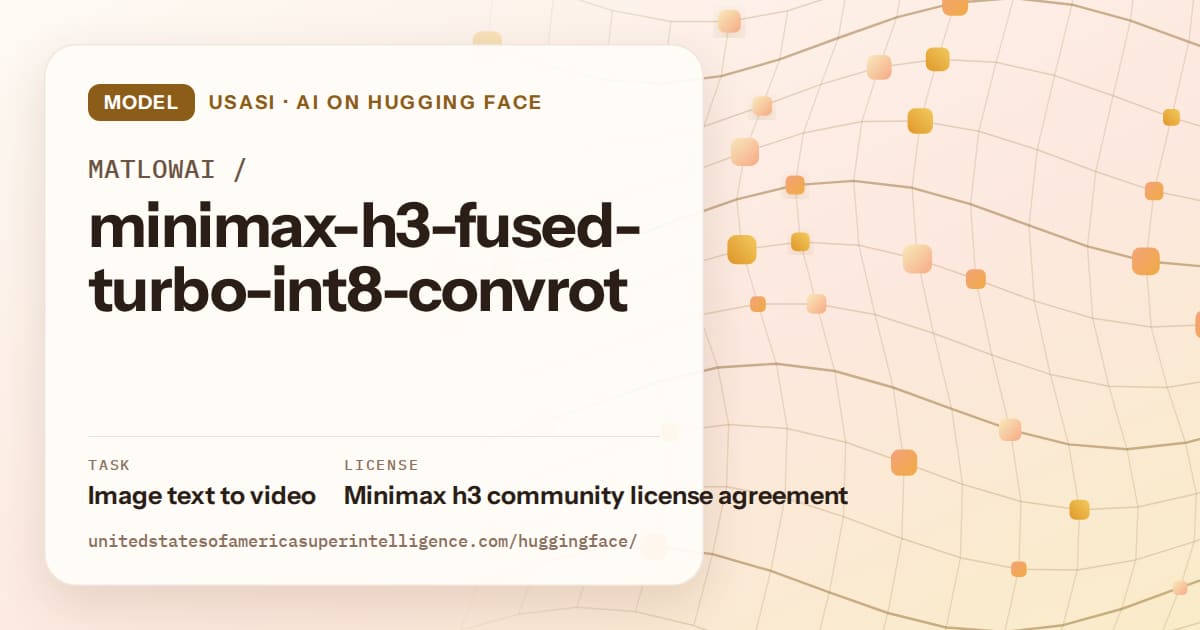 Generated amber wave-lattice artwork for the model MATLOWAI/minimax-h3-fused-turbo-int8-convrot, labeled USASI · AI on Hugging Face, with Task: Image text to video · License: Minimax h3 community license agreement.