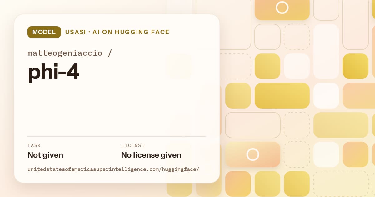 Generated gold tile-mosaic artwork for the model matteogeniaccio/phi-4, labeled USASI · AI on Hugging Face, with Task: Not given · License: No license given.