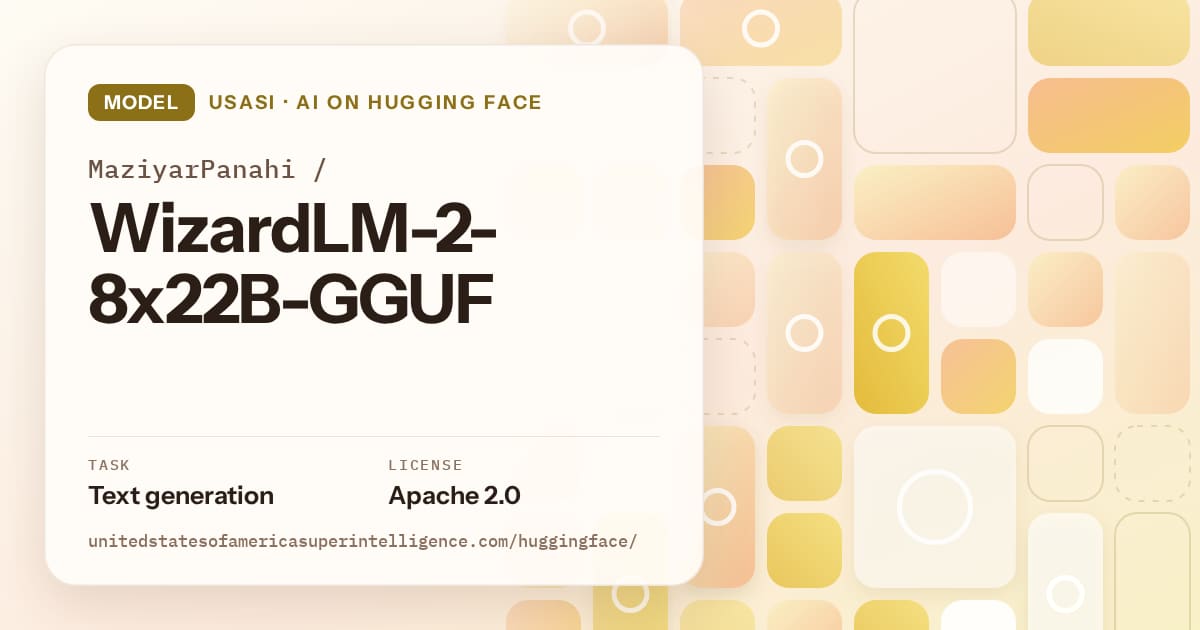 Generated gold tile-mosaic artwork for the model MaziyarPanahi/WizardLM-2-8x22B-GGUF, labeled USASI · AI on Hugging Face, with Task: Text generation · License: Apache 2.0.