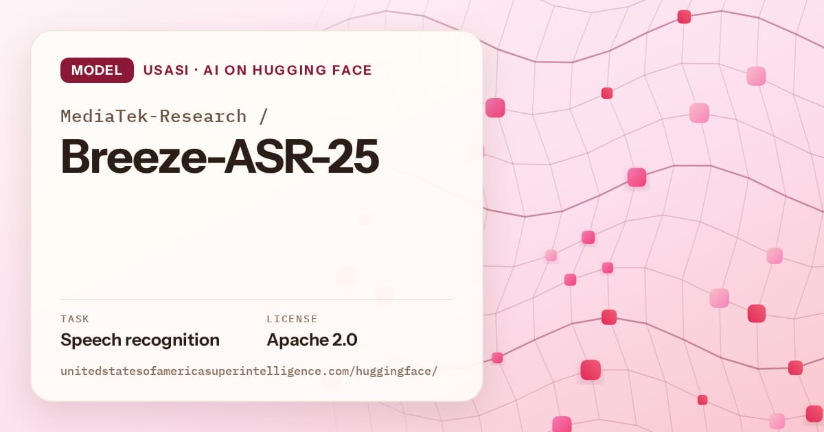 Generated rose wave-lattice artwork for the model MediaTek-Research/Breeze-ASR-25, labeled USASI · AI on Hugging Face, with Task: Speech recognition · License: Apache 2.0.