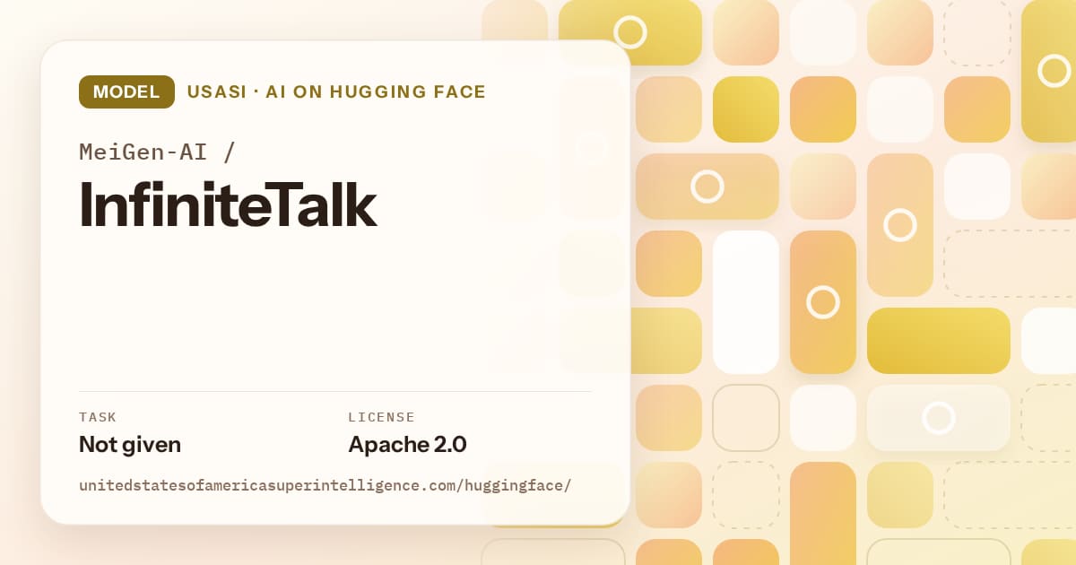 Generated gold tile-mosaic artwork for the model MeiGen-AI/InfiniteTalk, labeled USASI · AI on Hugging Face, with Task: Not given · License: Apache 2.0.