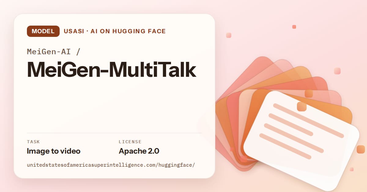 Generated tangerine layered-card artwork for the model MeiGen-AI/MeiGen-MultiTalk, labeled USASI · AI on Hugging Face, with Task: Image to video · License: Apache 2.0.
