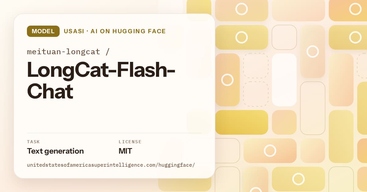 Generated gold tile-mosaic artwork for the model meituan-longcat/LongCat-Flash-Chat, labeled USASI · AI on Hugging Face, with Task: Text generation · License: MIT.