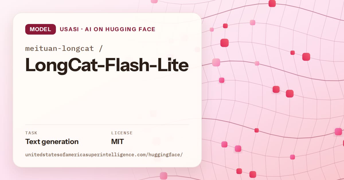 Generated rose wave-lattice artwork for the model meituan-longcat/LongCat-Flash-Lite, labeled USASI · AI on Hugging Face, with Task: Text generation · License: MIT.