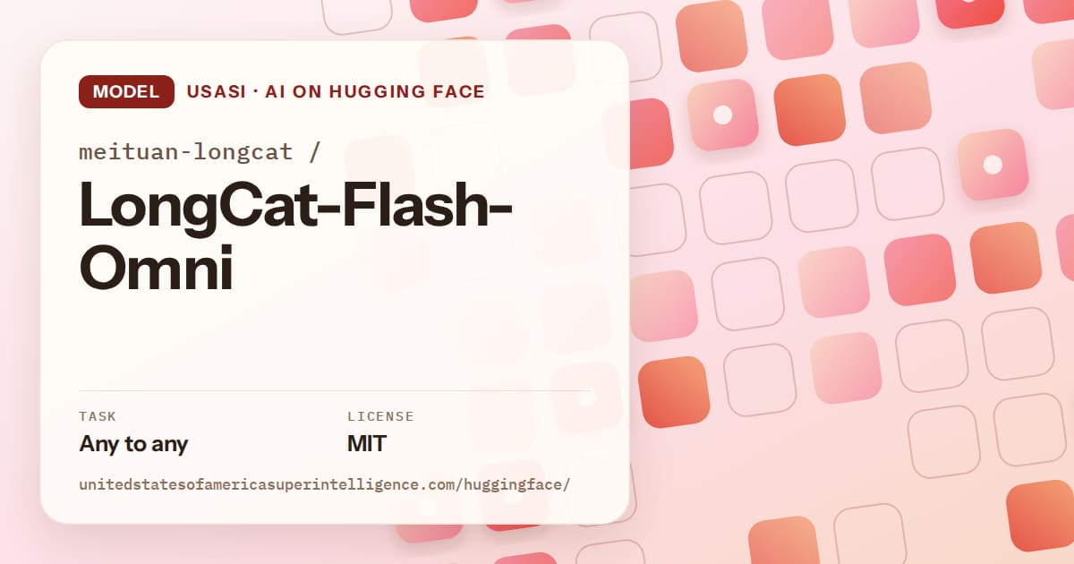 Generated coral rounded-tile grid artwork for the model meituan-longcat/LongCat-Flash-Omni, labeled USASI · AI on Hugging Face, with Task: Any to any · License: MIT.