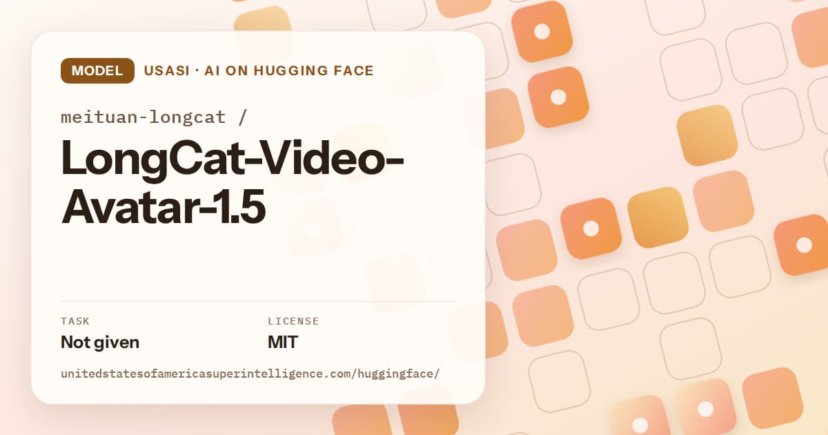 Generated orange rounded-tile grid artwork for the model meituan-longcat/LongCat-Video-Avatar-1.5, labeled USASI · AI on Hugging Face, with Task: Not given · License: MIT.