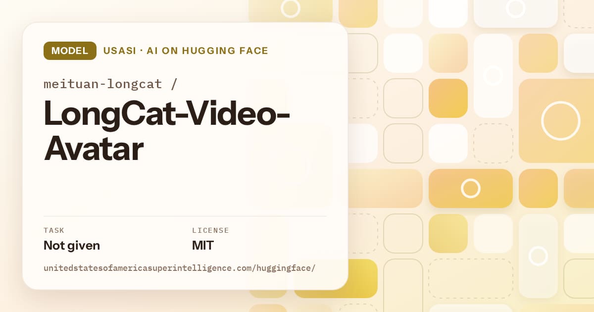 Generated gold tile-mosaic artwork for the model meituan-longcat/LongCat-Video-Avatar, labeled USASI · AI on Hugging Face, with Task: Not given · License: MIT.