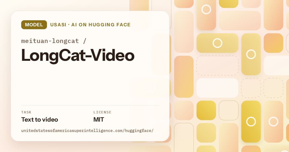 Generated gold tile-mosaic artwork for the model meituan-longcat/LongCat-Video, labeled USASI · AI on Hugging Face, with Task: Text to video · License: MIT.