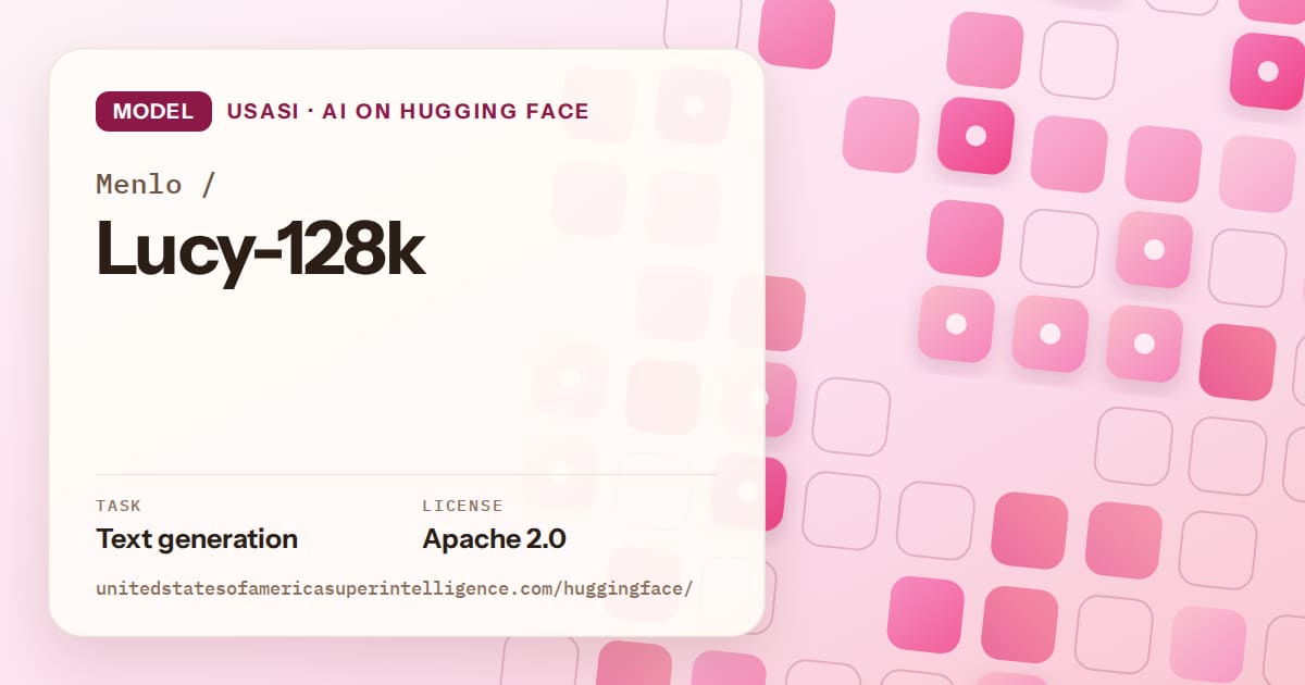 Generated rose rounded-tile grid artwork for the model Menlo/Lucy-128k, labeled USASI · AI on Hugging Face, with Task: Text generation · License: Apache 2.0.
