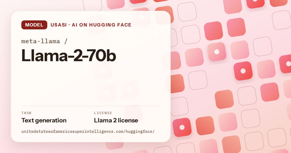 Generated coral rounded-tile grid artwork for the model meta-llama/Llama-2-70b, labeled USASI · AI on Hugging Face, with Task: Text generation · License: Llama 2 license.