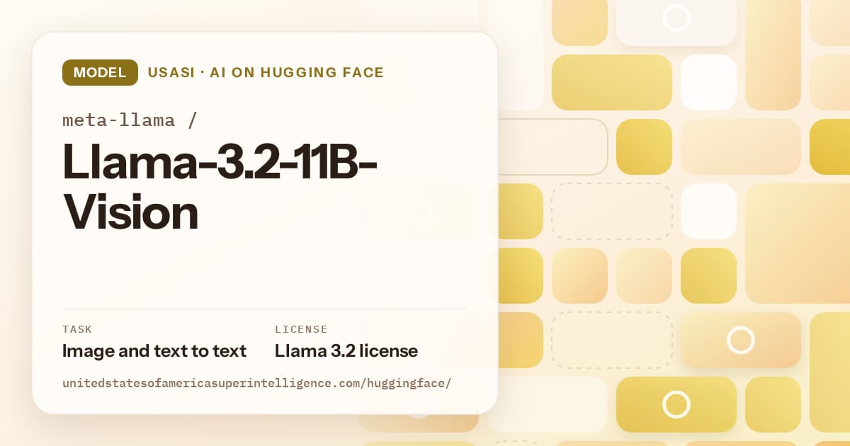 Generated gold tile-mosaic artwork for the model meta-llama/Llama-3.2-11B-Vision, labeled USASI · AI on Hugging Face, with Task: Image and text to text · License: Llama 3.2 license.