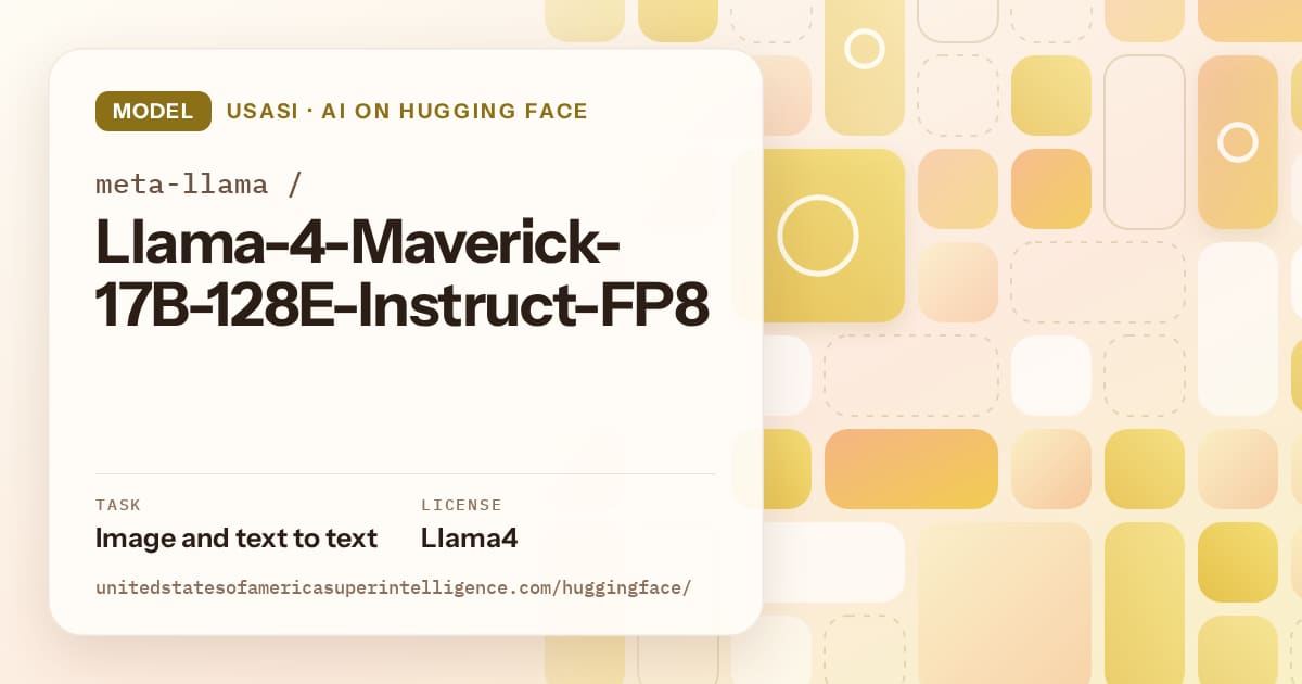 Generated gold tile-mosaic artwork for the model meta-llama/Llama-4-Maverick-17B-128E-Instruct-FP8, labeled USASI · AI on Hugging Face, with Task: Image and text to text · License: Llama4.