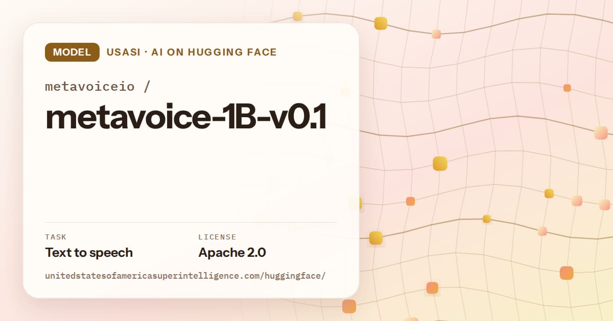 Generated amber wave-lattice artwork for the model metavoiceio/metavoice-1B-v0.1, labeled USASI · AI on Hugging Face, with Task: Text to speech · License: Apache 2.0.