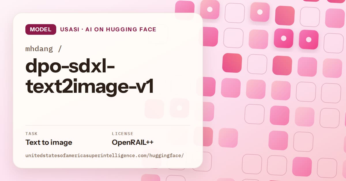 Generated rose rounded-tile grid artwork for the model mhdang/dpo-sdxl-text2image-v1, labeled USASI · AI on Hugging Face, with Task: Text to image · License: OpenRAIL++.
