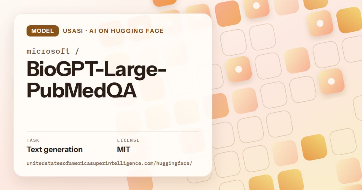 Generated orange rounded-tile grid artwork for the model microsoft/BioGPT-Large-PubMedQA, labeled USASI · AI on Hugging Face, with Task: Text generation · License: MIT.