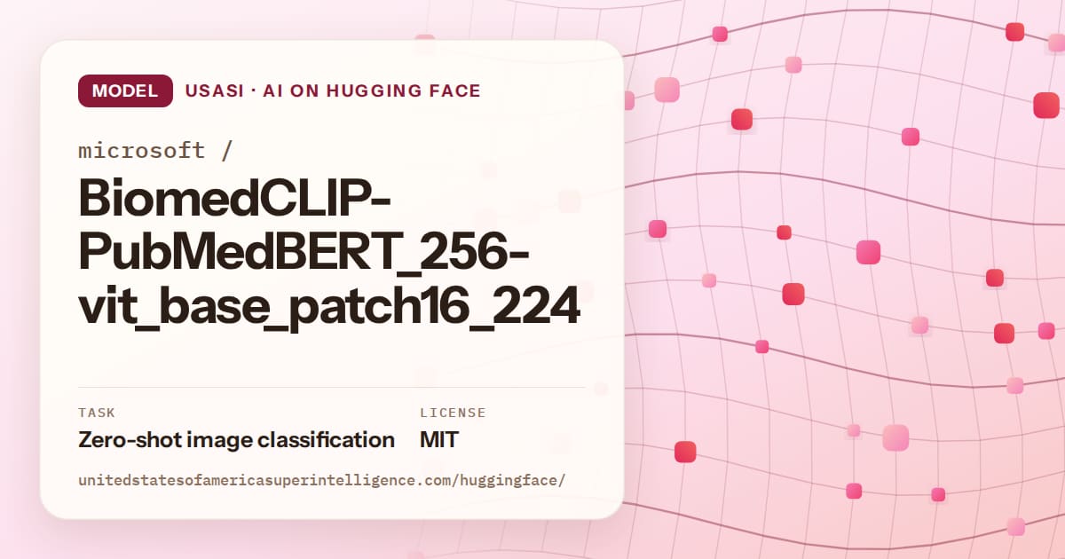 Generated rose wave-lattice artwork for the model microsoft/BiomedCLIP-PubMedBERT_256-vit_base_patch16_224, labeled USASI · AI on Hugging Face, with Task: Zero-shot image classification · License: MIT.