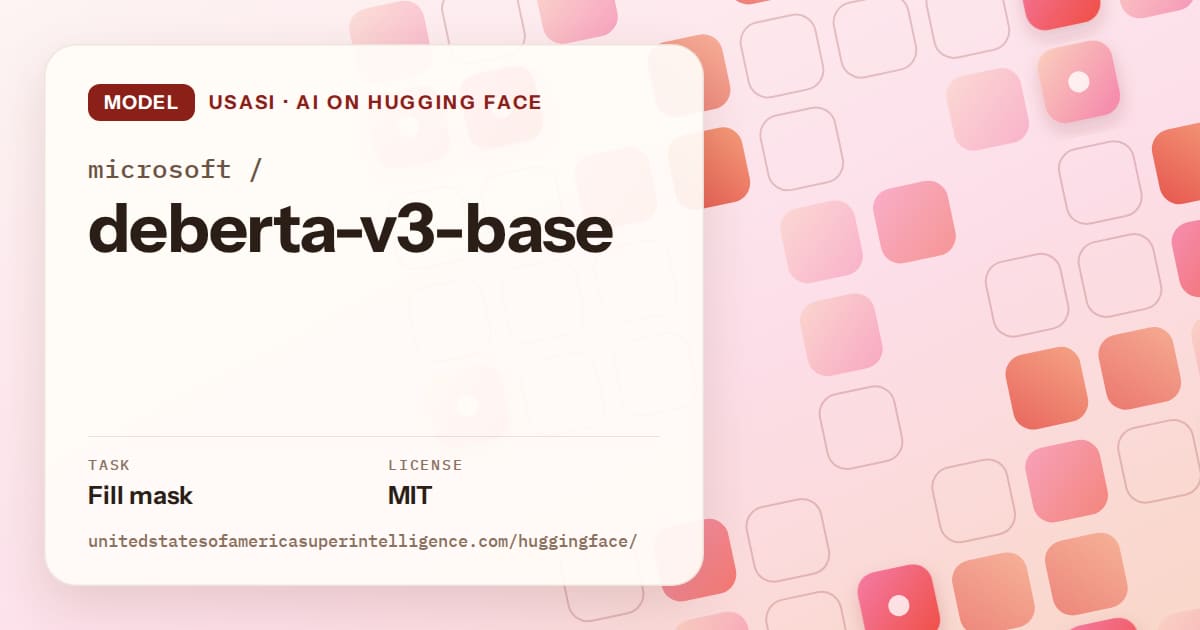 Generated coral rounded-tile grid artwork for the model microsoft/deberta-v3-base, labeled USASI · AI on Hugging Face, with Task: Fill mask · License: MIT.