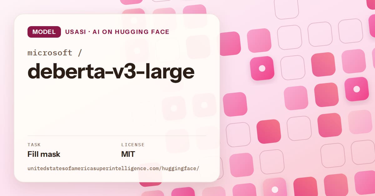 Generated rose rounded-tile grid artwork for the model microsoft/deberta-v3-large, labeled USASI · AI on Hugging Face, with Task: Fill mask · License: MIT.